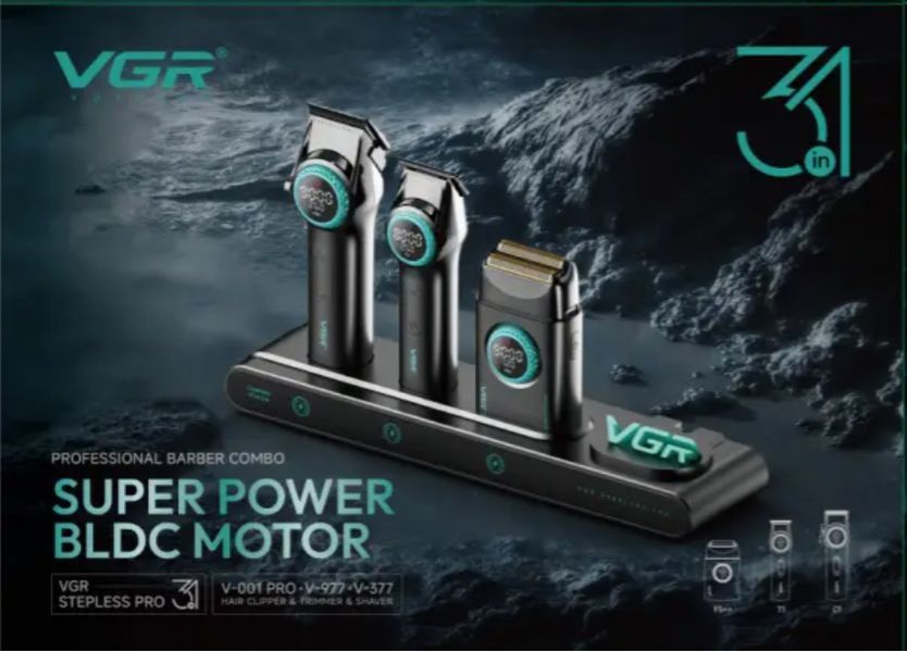 Комплект для стриження VGR STEPLERSS PRO 3 IN 1 BLACK, машинка для стриження (Clipper), тример, шейвер 10435 фото