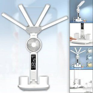 Настольная лампа аккумуляторная KRX-1011 с вентилятором и дисплеем светодиодная лампа с часами 17669 фото