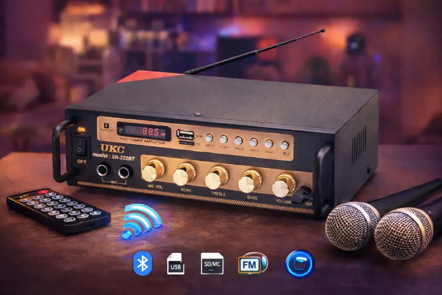 Підсилювач звуку двоканальний з USB і Bluetooth і пульт ДК, AMP SN-222 BT/ Автомобільний аудіопідсилювач 04841 фото