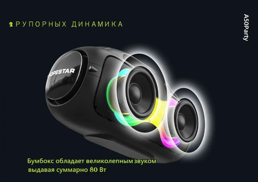 Портативна bluetooth колонка HOPESTAR A50 80W 12000mAh IPX6 + мікрофон чорний 91025 фото