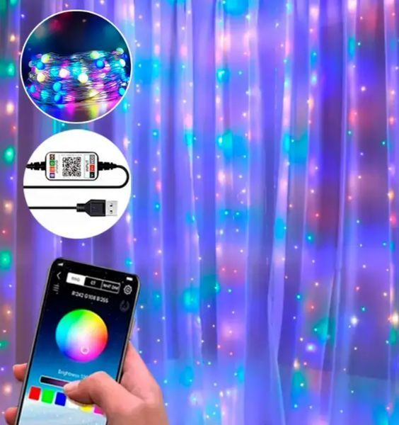 Розумна гірлянда штора USB управління з телефону-пульта APP Bluetooth RGB 300LED 3x3м від павербанка 16902 фото