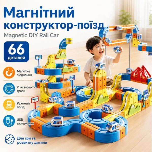 Дитячий конструктор Залізниця 82 деталі з паровозиком на батарейках зі світлом і звуком 17821 фото